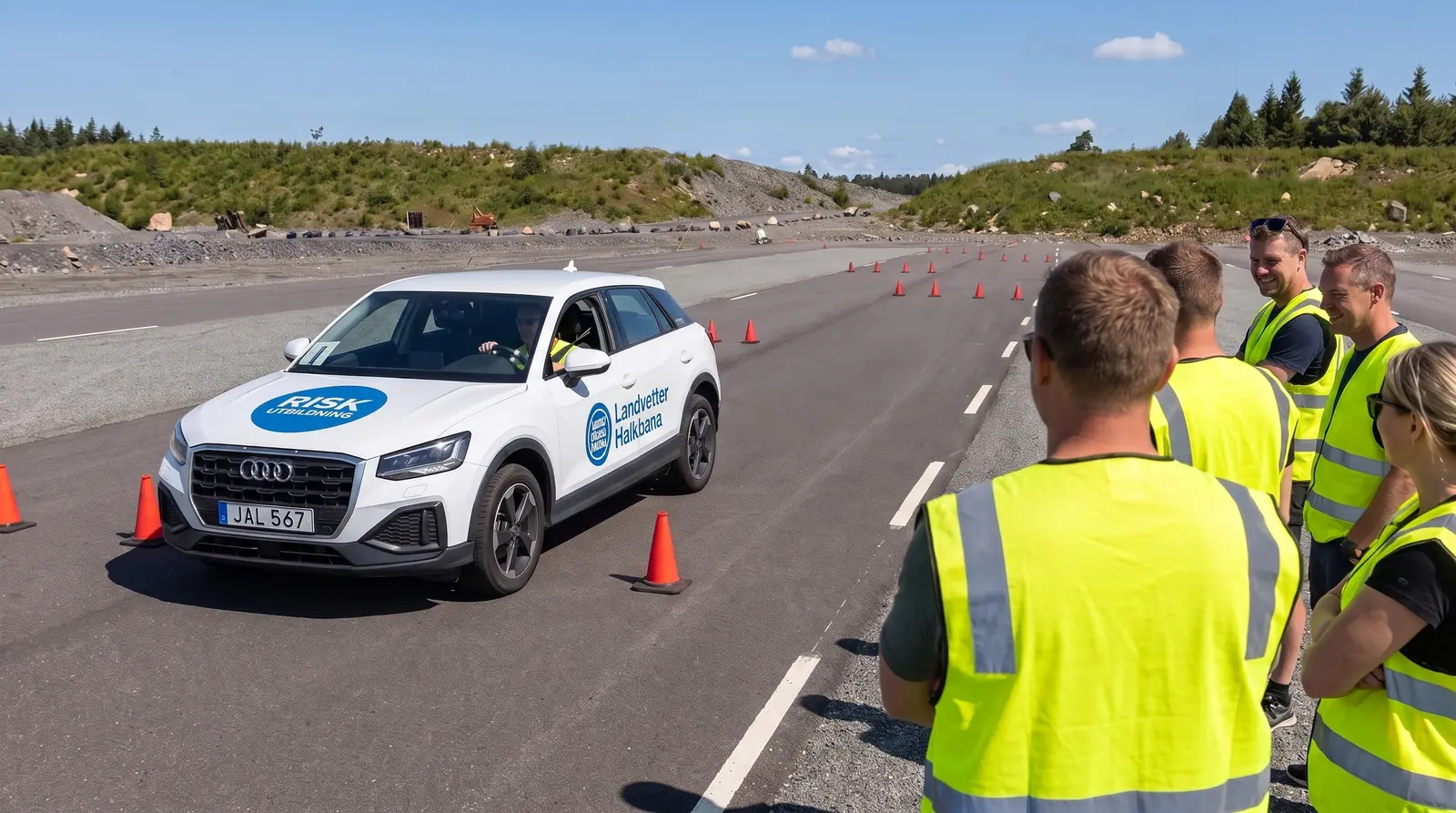 Illustration: colleagues in yellow vests watching a training car drive a cone slalom