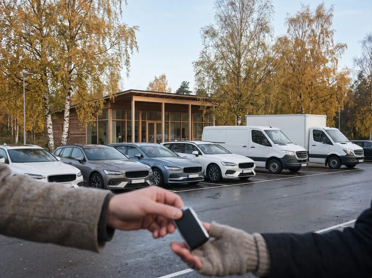 Illustration: bilnyckel lämnas över framför en rad hyrbilar och en skåpbil