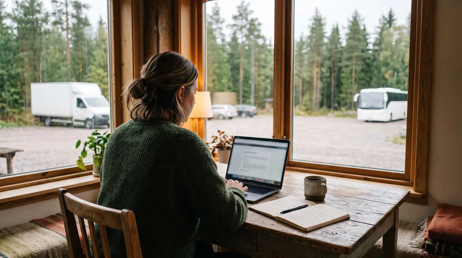 Illustration: person pluggar en onlinekurs vid ett fönster med en lastbil och en buss utanför