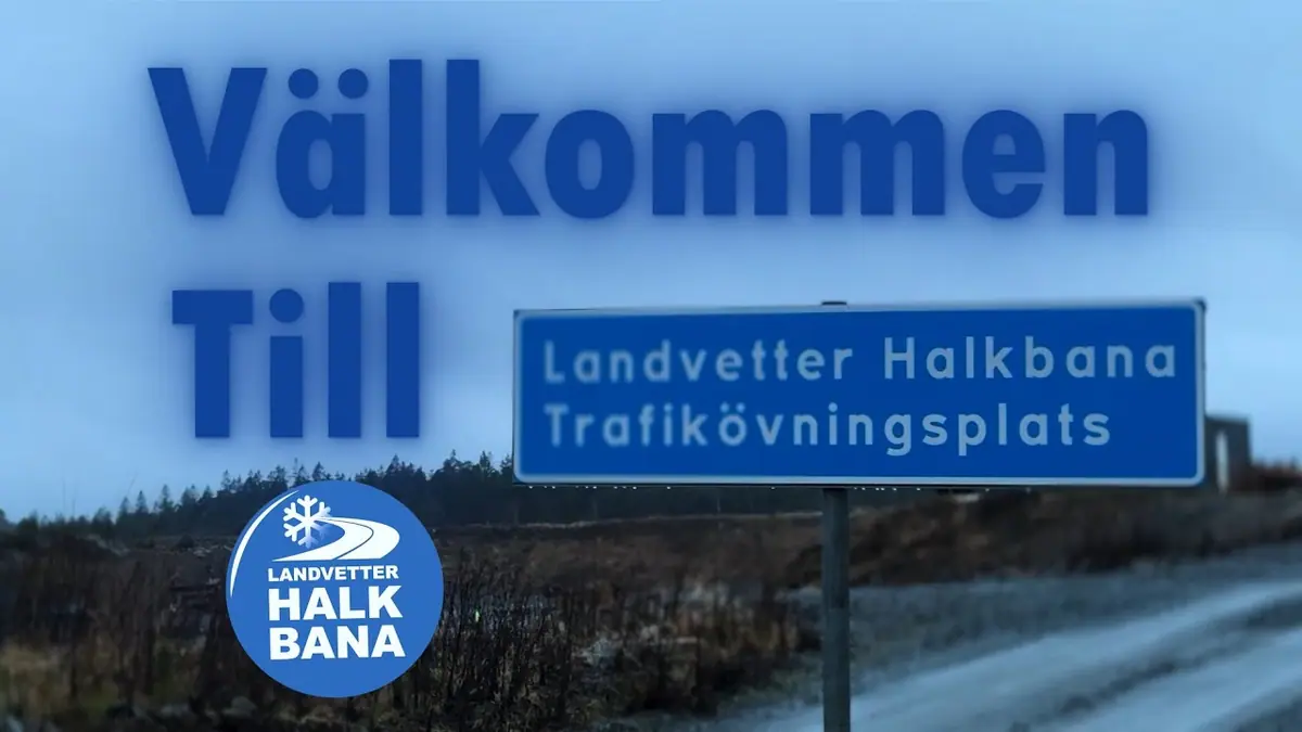 The sign Landvetter Halkbana Trafikövningsplats with the words Welcome to, opening frame of our intro film